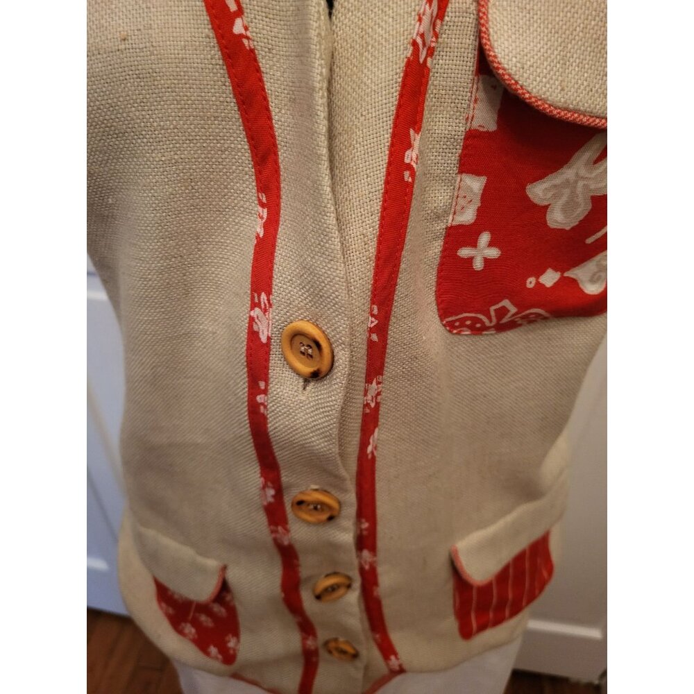 Vintage 90s Linen Blend Coral Print Button Up Vest 6 Retro Preppy Old Money - Picture 7 of 11